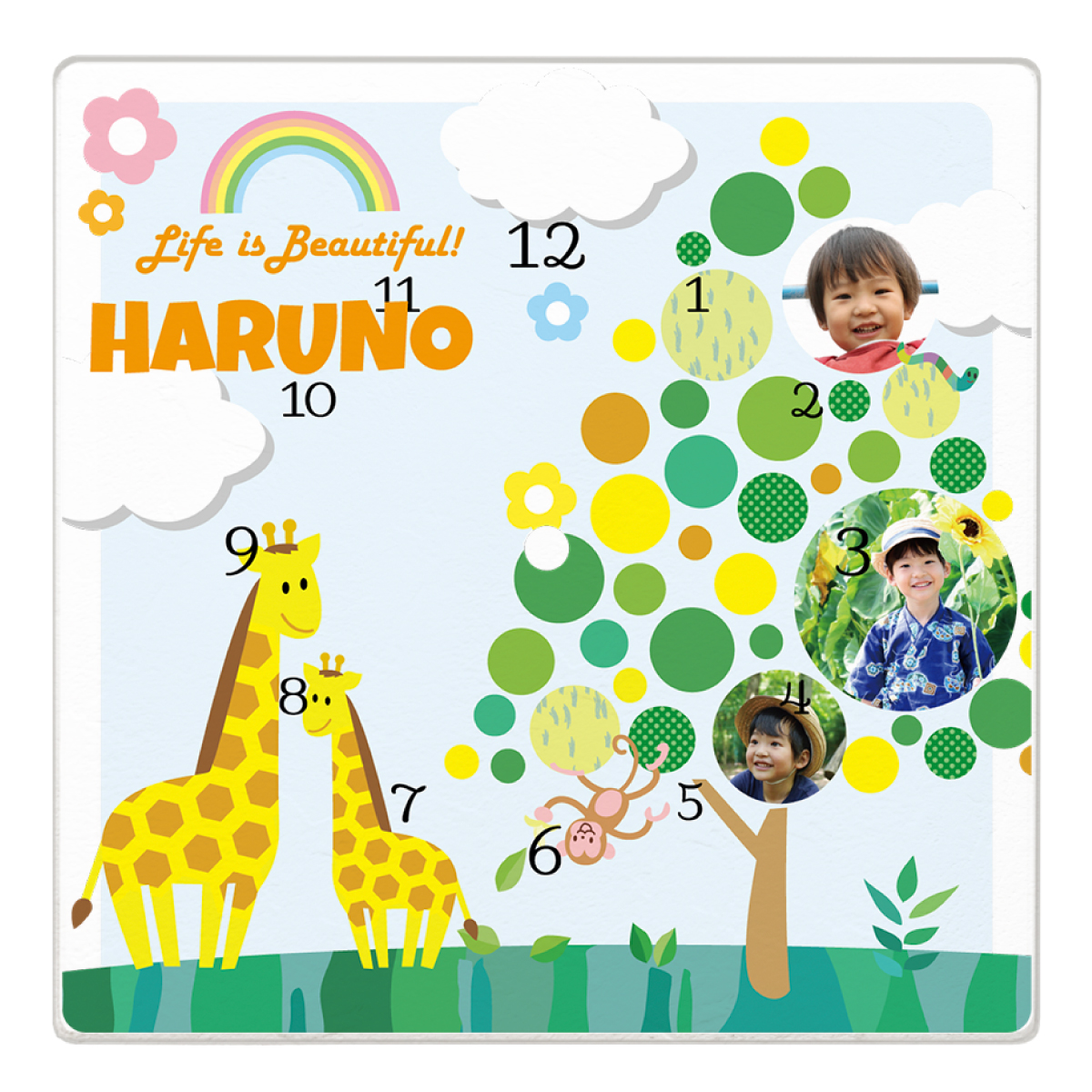 アクリル 壁掛け時計 正方形 20cm×20cm キッズ 子供 [サファリツリー]