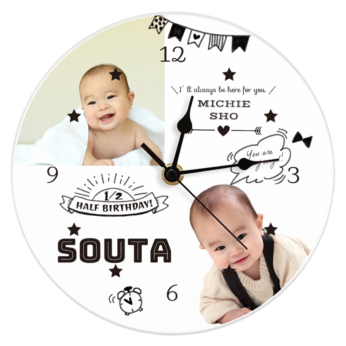 アクリル 壁掛け時計 丸形 20cm×20cm 百日祝い・ハーフバースデー [シンプル タイポグラフィ]